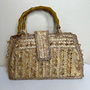 Vintage Handmade Tan Straw Satchel Handbag Faux Bamboo Handles Floral Lining